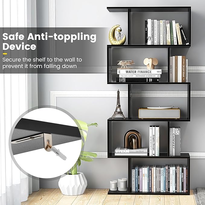 5-Tier Geometric Bookcase, 62.5” Freestanding Room Divider Bookshelf with Open Display Shelves & Anti-tip Device, Wood S-Shaped Storage Organizer for Living Room, Bedroom, Study & Home Office