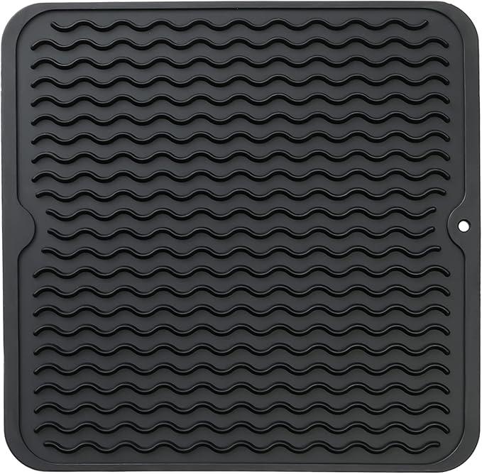 Silicone Dish Drying Mat for Multiple Usage,Easy clean,Eco-friendly,Heat-resistant Silicone Mat for Kitchen Counter or Sink,Refrigerator or Drawer liner Black M 12 inches x 12 inches