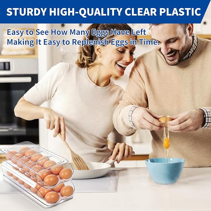 Egg Holder for Fridge, Automatic Rolling Egg Organizer for Refrigerator, Clear Plastic Egg Container & Tray, Stackable Dispenser and Storage with Sturdy Lid to Saving Space -1 Layer