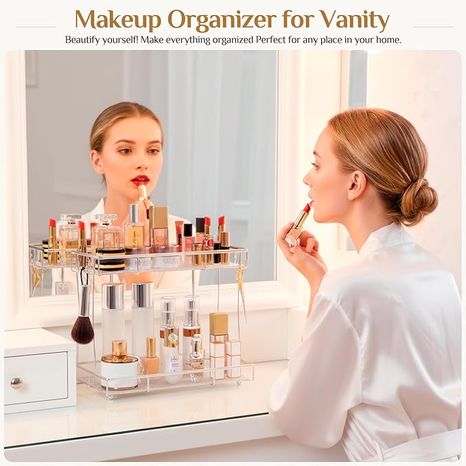 Bathroom Organizer Countertop Perfume Organizer Makeup Organizer Cosmetics Storage Display Rack Vanity Tray Dresser Steel chrome Shelf Transparency Wavy Acrylic Tray (2 Tier Chrome)