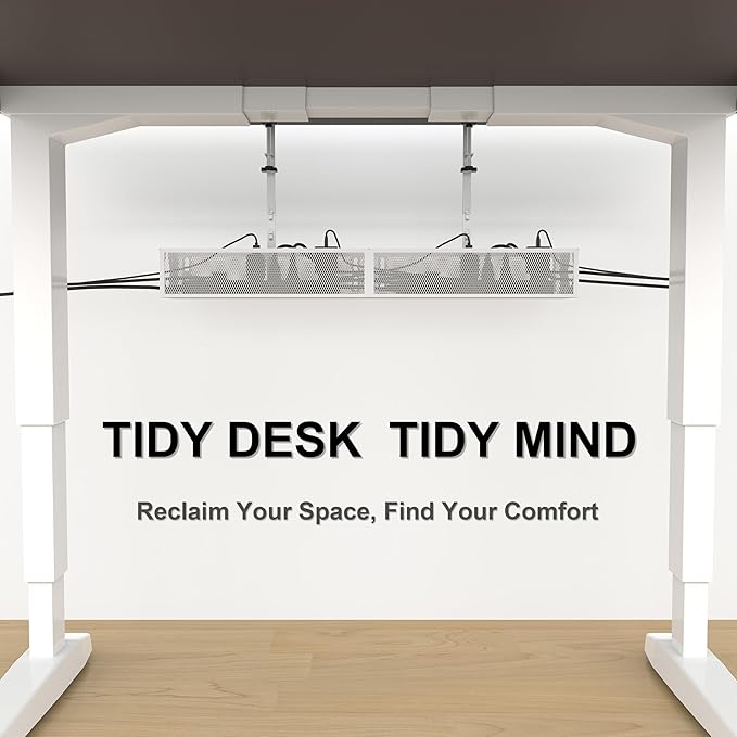 Under Desk Cable Management Tray - No Drill or Screw Mount Option, Heavy Duty Metal Cord Organizer Rack, Power Strip Holder for Office & Home