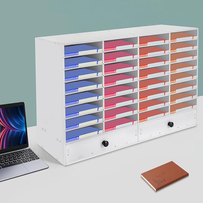 Literature Organizer 32 Slots Office Mailbox Cubbies PVC Desk Mail Sorter Organizer with Adjustable Panels & 2 Drawers for Office, Home, Classroom, Mailrooms, Bearing 110lbs (White)