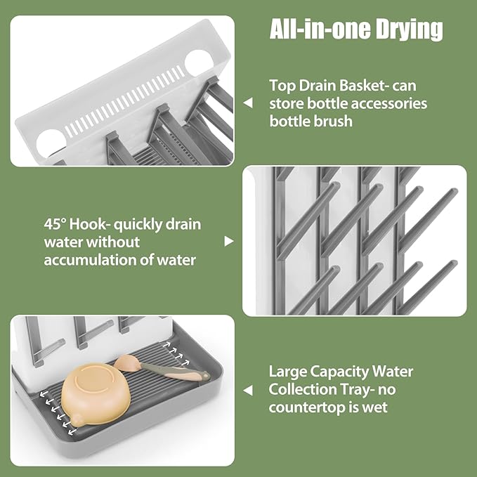 Baby Bottle Drying Rack, Space Saving Baby Bottle Organizer for Countertop, Vertical Bottle Dryer Holder with Brushes Holder, Large Bottle Storage Holder 12 Bottles & Baby Accessories Grey