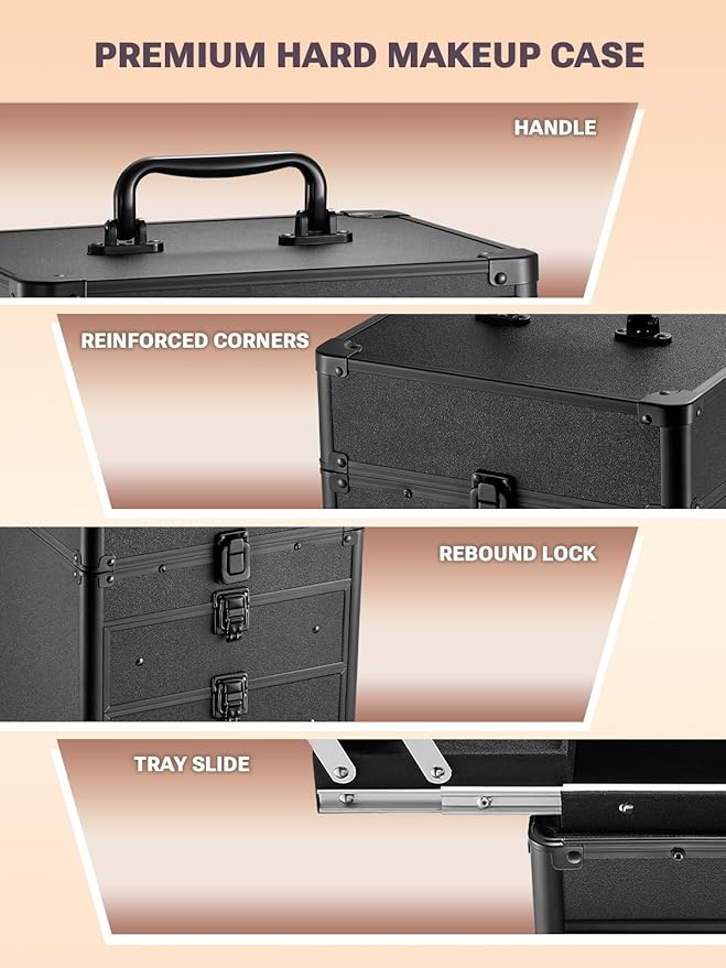 Qislee Makeup Box with Double Drawers and Four Trays, A Detachable Lighted Mirror, Waterproof Travel Train Case, Cosmetic Organizer and Makeup Suitcase with Magnetic LED Mirror(Black)