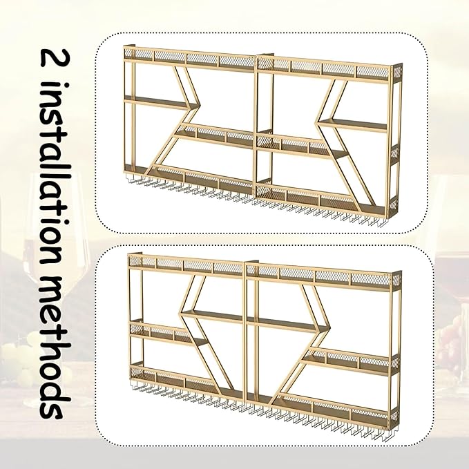63in Large Wall Mounted Wine Rack 4 Tier Metal Wine Bottle Holder Modern Diamond Design Floating Bar Liquor Bottles Storage Rack for Home Restaurant Bar Decorative (Gold, 4 Tier - 63in)