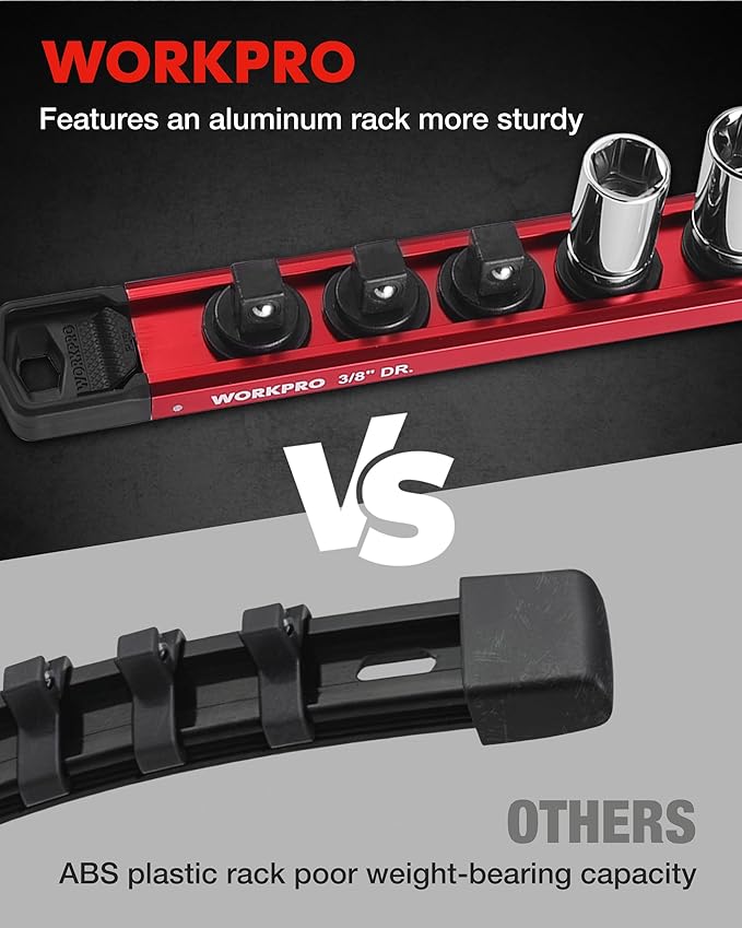 WORKPRO Magnetic Socket Organizer, 3/8" Drive Aluminum Alloy Socket Holder, Heavy Duty Socket Rail with 10 PC Removable Socket Clips, Socket Organizer Tray for Tool Box Drawer (Sockets Not Included)