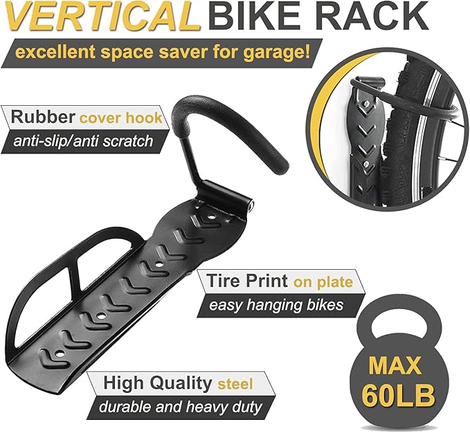 Bike Rack for Garage Wall Mount 4 Pack Vertical Bike Hooks Bicycle Hanging Hooks for Indoor Storage with Non-reversible Hooks