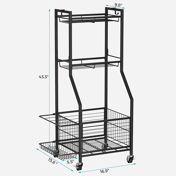 Sports Equipment & Toy Storage Rack with Wheels, 3-Tier Ball Organizer for Balls, Rackets & Sports Gear, Large Capacity with Racket Slots & Hooks, for Garage, Home Gym or Backyard – 17" W