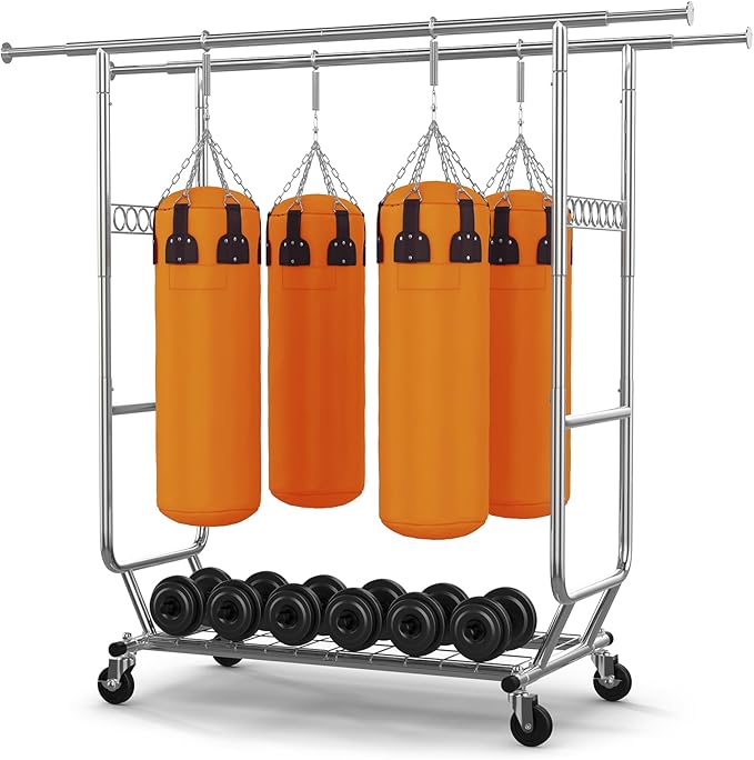 HOKEEPER 600 lbs Commercial Clothing Garment Rack with Shelves Clothing Racks on Wheels Rolling Closet Clothes Rack Heavy Duty Portable Collapsible Adjustable, Chrome Finish