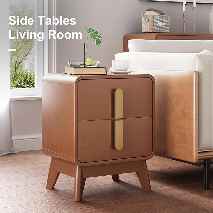 Night Stand Set 2, Mid Century Modern Bedside Table with Drawers, Curved Profile Design End Table with Metal Handle, Nightstand Set of 2 with Storage, Bed Side Tables for Bedroom, Cherry