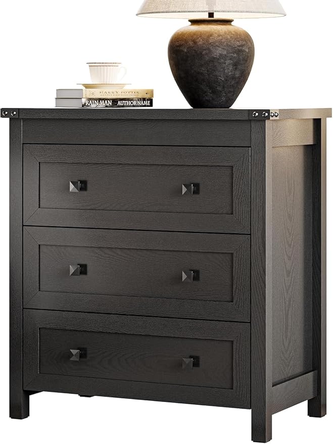 Dresser for Bedroom with 3 Drawers, 27.55" Wide Small Chests of Drawers, Farmhouse Wood Nightstand Bedside Cabinet End Table, Modern Closet Storage Organizer for Living Room, Entryway, Hallway, Black