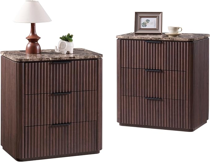Fluted Nightstand Set of 2, Engineered Wood Bedside Table with 3 Drawers, Modern End Table with Faux Marble-Top, Curved Corners, Metal Handle, Large Night Stand for Bedroom, Office, Closet, Dark Oak
