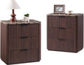 Fluted Nightstand Set of 2, Engineered Wood Bedside Table with 3 Drawers, Modern End Table with Faux Marble-Top, Curved Corners, Metal Handle, Large Night Stand for Bedroom, Office, Closet, Dark Oak