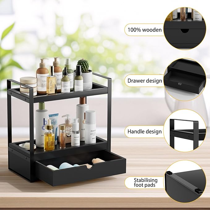 2-Tier Bathroom Organizer Countertop with Drawer, Wood Bathroom Counter Shelf for Storage, Vanity Organizer Countertop for Kitchen, Office