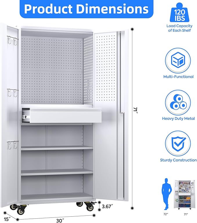 SUXXAN 71" Metal Garage Storage Cabinet with 16 Hooks and Pegboards,1 Drawer Inside Rolling Tool Storage Cabinet with Adjustable Shelves,3 Metal Hanging Rod for Garage,Warehouse(White)