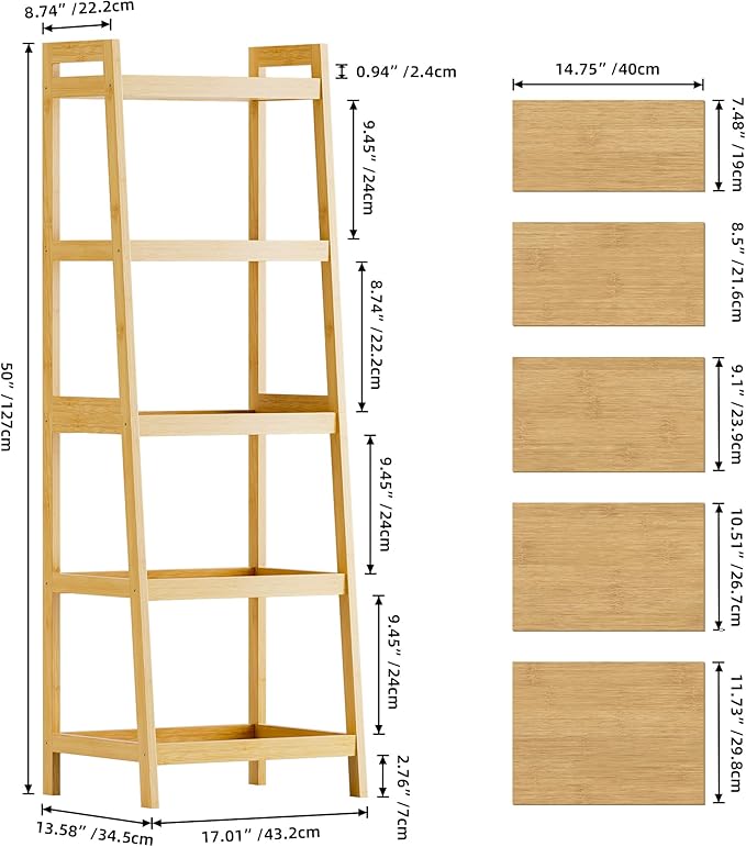 SMIBUY Bamboo Ladder Bookcase, Bathroom Storage Rack Organizer, 4 Tier and 5 Tier Freestanding Plant Display Stand Space Saver Shelves for Bedroom, Kitchen, Balcony (Natural, 5 Tiers (50" H))