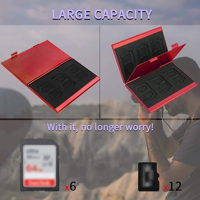 SD Card Holder, SD Card Case, LAVILI CF Memory Card Holder Case Aluminum Alloy Hard Shell, Double-Layer Capacity for 6SD Cards and 12 TF Cards Red Color