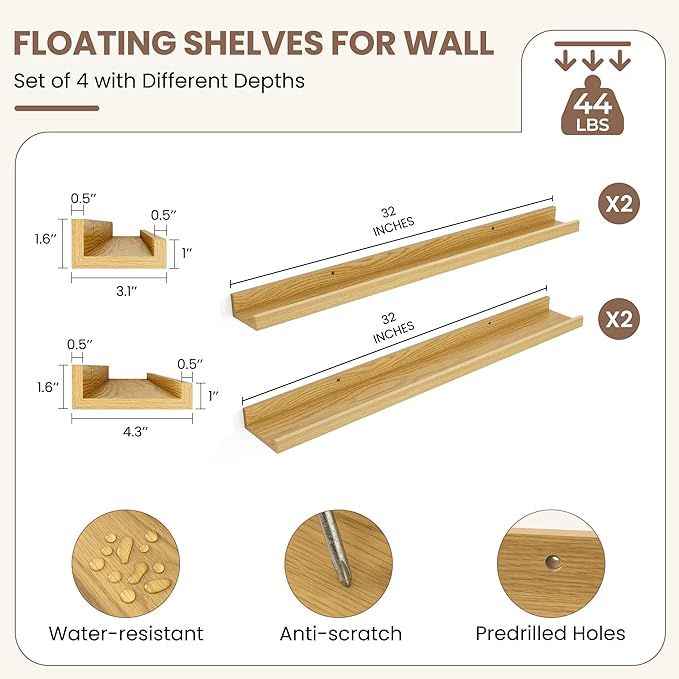 Fun Memories Picture Ledge Shelf, Floating Shelves Set of 4, 32 Inch Picture Shelves for Wall with Ledge, Large Nursery Book Shelf for Toys Storage, Living Room, Bedroom Decor Frames, Oak