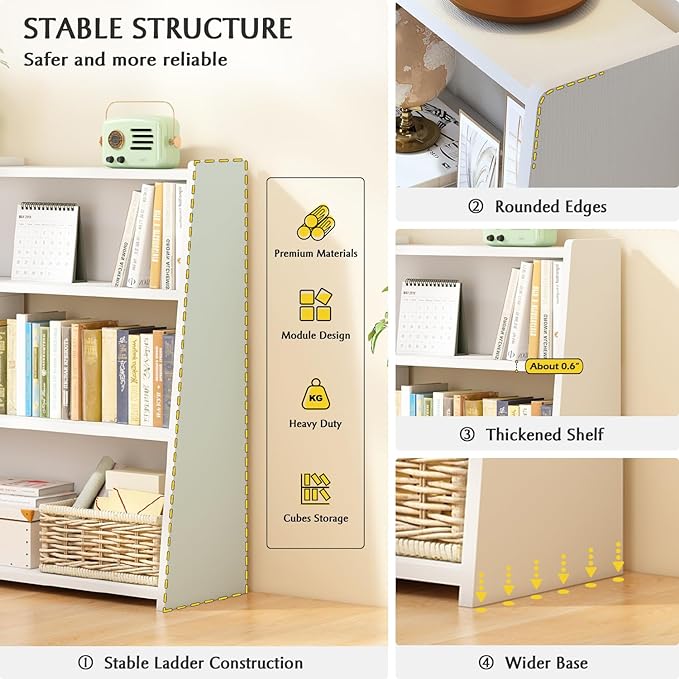 IOTXY Wooden Extendable Shelf Bookcase - 3-Tier Ladder Low Short Bookshelf for Small Space or Corner, Oak, S