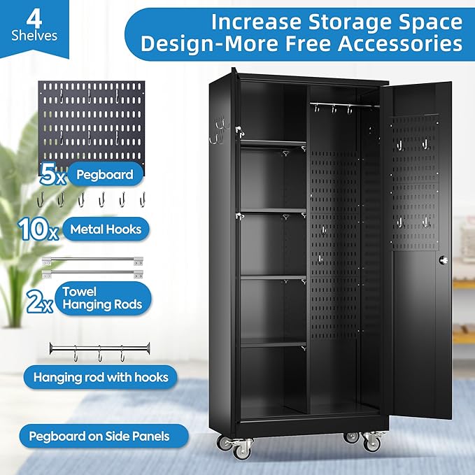 SUXXAN Broom Closet Storage Cabinet with13 Hooks and Hanging Rods, 71" Heavy Duty Cleaning Cabinet for Garage, Laundry Room