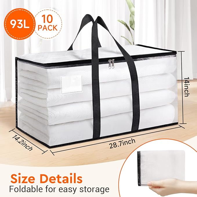 BlissTotes Moving Bags, 10-Pack Storage Bags, Moving Bags Heavy Duty Extra Large, Moving Totes, Clear moving Bags, Reinforced Handles & Tag Pocket (93L)
