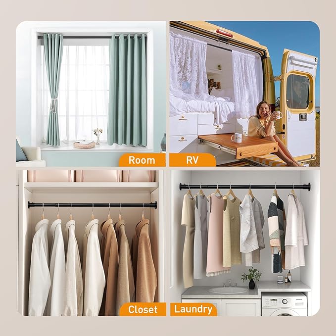 Black Adjustable Closet Rod 18-63 Inches, Heavy Duty Metal Clothes Hanging Rod, Rust-Proof Non-Slip Wardrobe Bar for Closet, Laundry Room, RV
