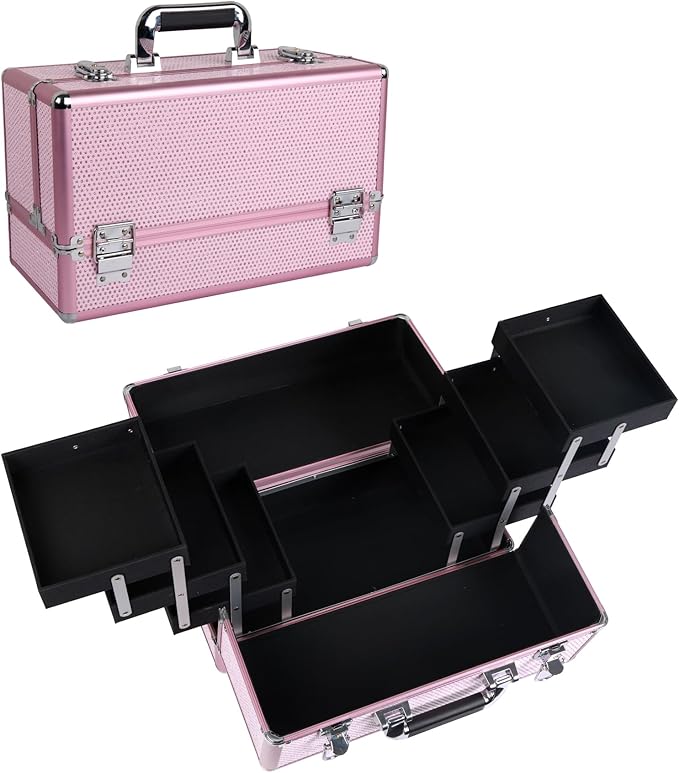 Large Makeup Train Case Cosmetic Organizer Case Makeup Box Portable Make Up Artist Travel Case with 6 Trays Dividers Lockable Hard Train Case Nail Tech Supply Storage - Crystal Pink