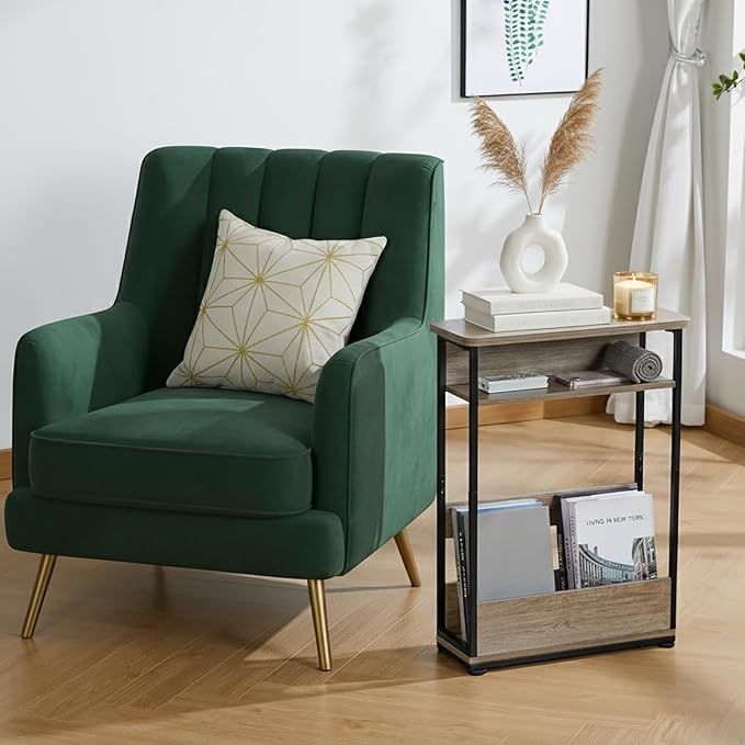 Narrow Side Table,3-Tier Slim End Table with Storage Shelf,Modern Sofa Table Thin Side Table for Narrow and Small Spaces, Skinny Bedside Table Small Nightstand with Magazine Rack Space Saving/Oak