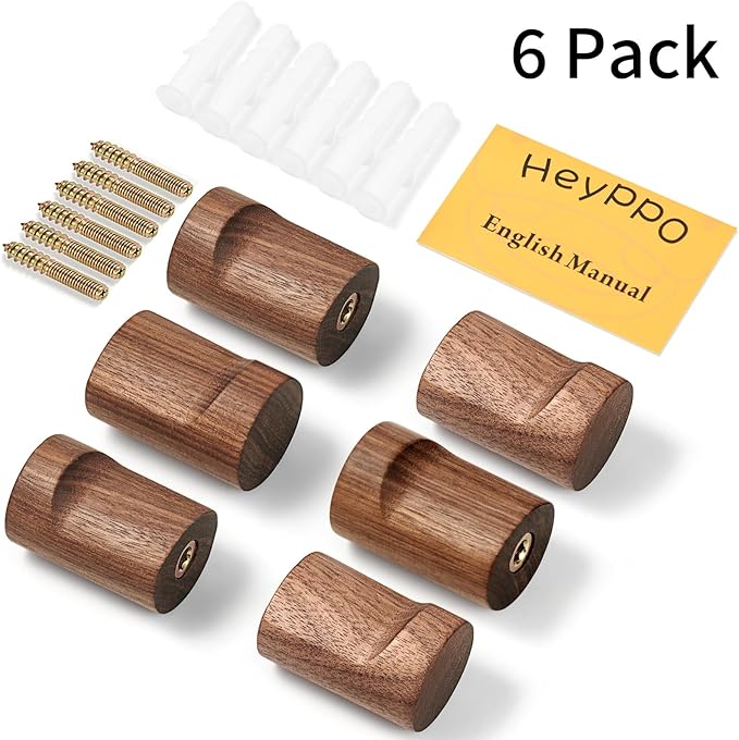 Wooden Wall Hooks 6 Pack, Modern Decorative Coat Hook Wall-Mount, Handmade Rustic Hat Hooks, Entryway Wall Hangers for Hanging Coats Hats Backpack, Bathroom Wood Towel Rack (Walnut)