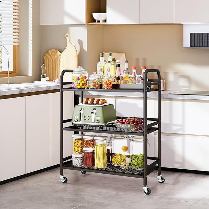 HDANI 3 Tier Metal Rolling Heavy Cart Supports 40 Lbs Per Tier,Mesh Rolling Cart with 2 Lockable Wheels for Office,Home,Bedroom,Kitchen,Bathroom(Black)