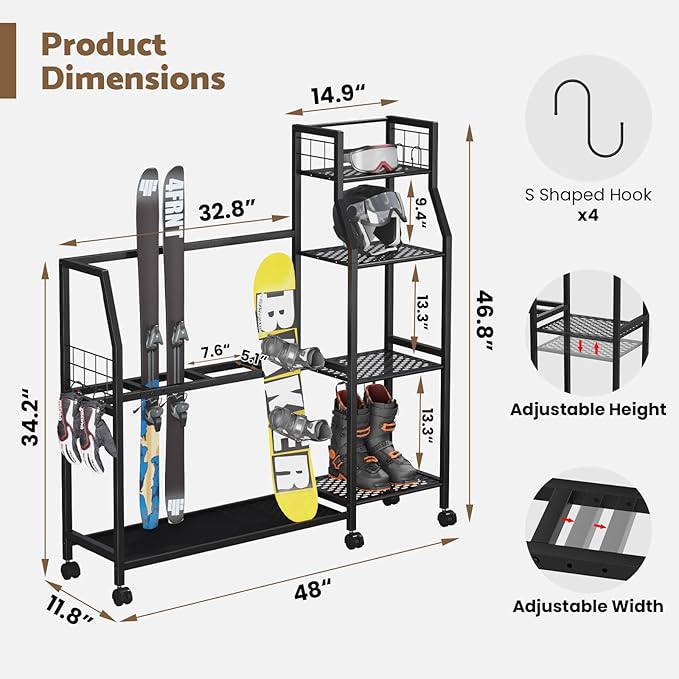 4-Tier Freestanding Snowboard Rack for 4 Pairs of Skis, 3 Snowboards, Boots, Poles, Goggles, Helmets, Ski Storage Rack with Adjustable Shelves, Snowboard Stand for Home, Garage