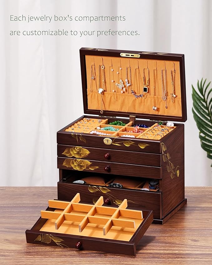 Hand-drawn rose Jewelry Box Wood for Wowen,6-Layer Wooden Jewelry Organizer Boxes with 4 Drawers dresser, Vintage Multi-functional Jewelry Storage Case with lock
