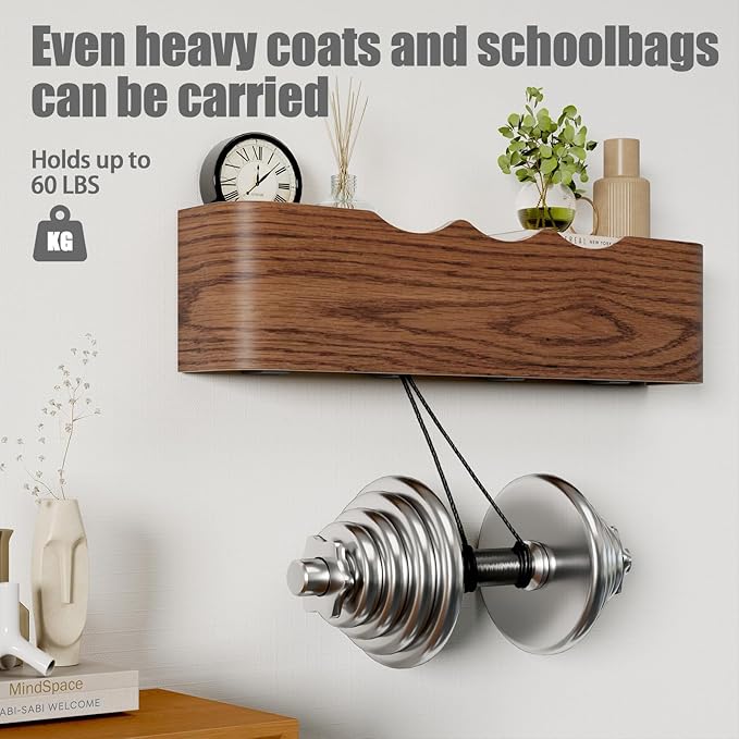 Coat Rack Wall Mount with Shelf 4 Hidden Hooks Modern Wooden Key Holder Entryway Organizer for Hallway Bedroom Bathroom Home Decor Storage for Hanging Coats Hats Bags Towels, Wave-Shape Walnut