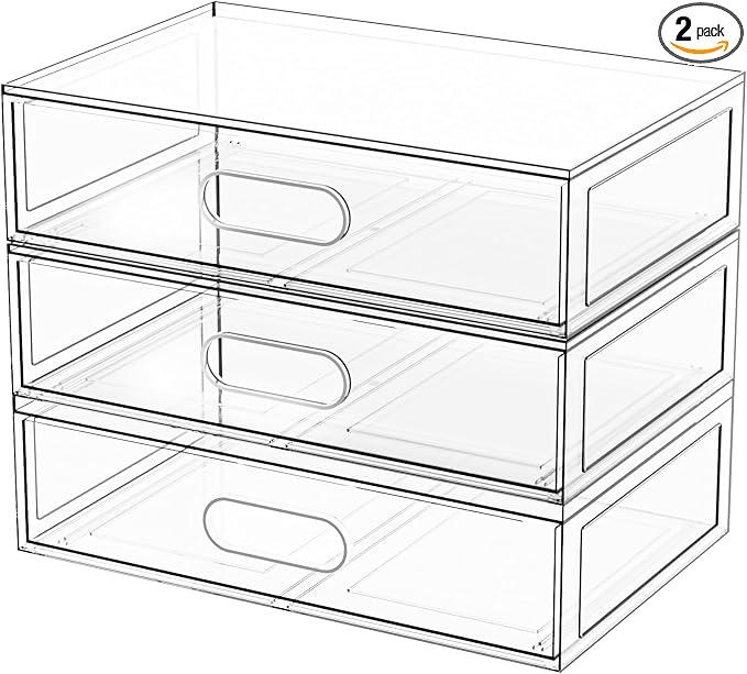 Clear Stackable Makeup Organizer with Drawer, 12''W Acrylic Storage Drawers, Cosmetic Display Case for Vanity Bathroom Countertop, Beauty Holder for Lipstick Brush Skincare Perfume (3 Tier)