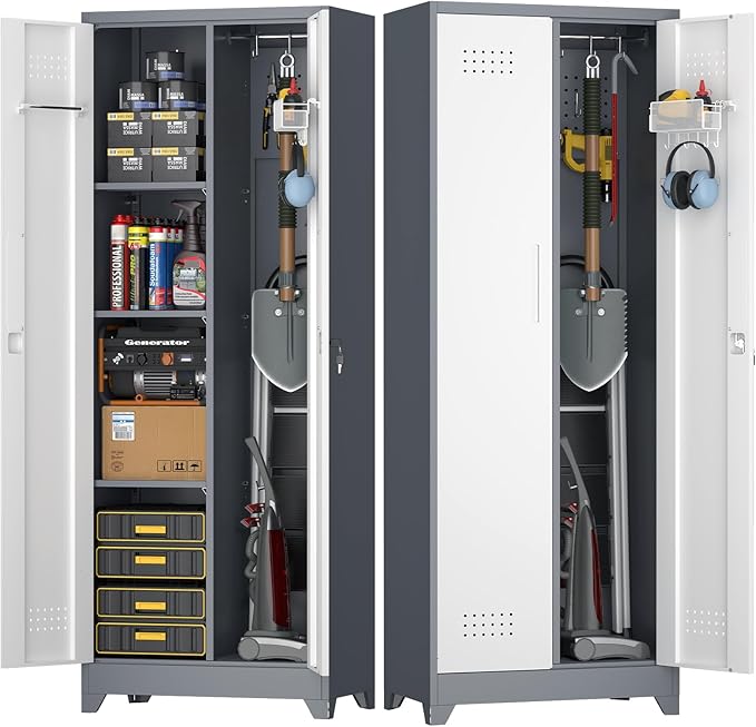 Broom Closet, Metal Storage Cabinet with Hanging Rod, 65" Broom Tool Organizer, Metal Cabinet with Doors and Shelves, Tall Cleaning Storage for Home, Office, Garage, Balcony