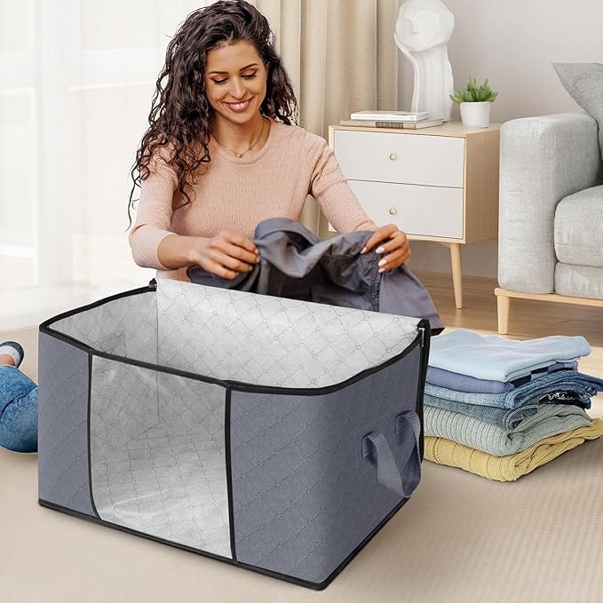 Large Clothes Storage Bags 6 Pack, Foldable Closet Organizers with Durable Breathable Fabric & Clear Window for Blankets, Comforters, Pillows, Bed Sheets, Toys & Seasonal Clothing (Gray)