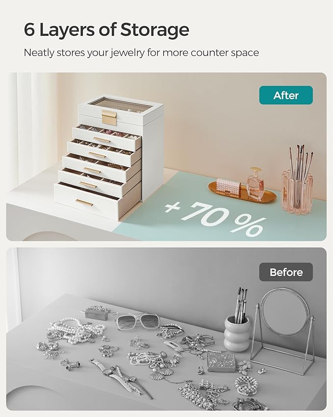 SONGMICS Jewelry Box Organizer with Glass Lid, 6-Layer Jewelry Storage, with 5 Drawers, Modern Style, Christmas Gift, 6.4 x 9.9 x 11.4 Inches, Cloud White and Gold Color UJBC171W01