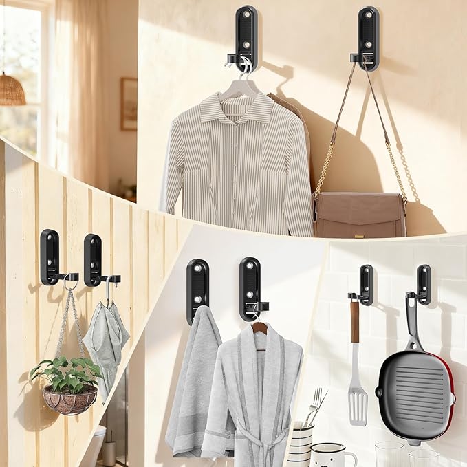 4-Pack Heavy Duty Zinc Alloy Folding Wall Hooks for Bathroom, Kitchen, Entryway, Closet - Space-Saving Design Holds Coats, Towels, Backpacks, Hats, Keys (Black)