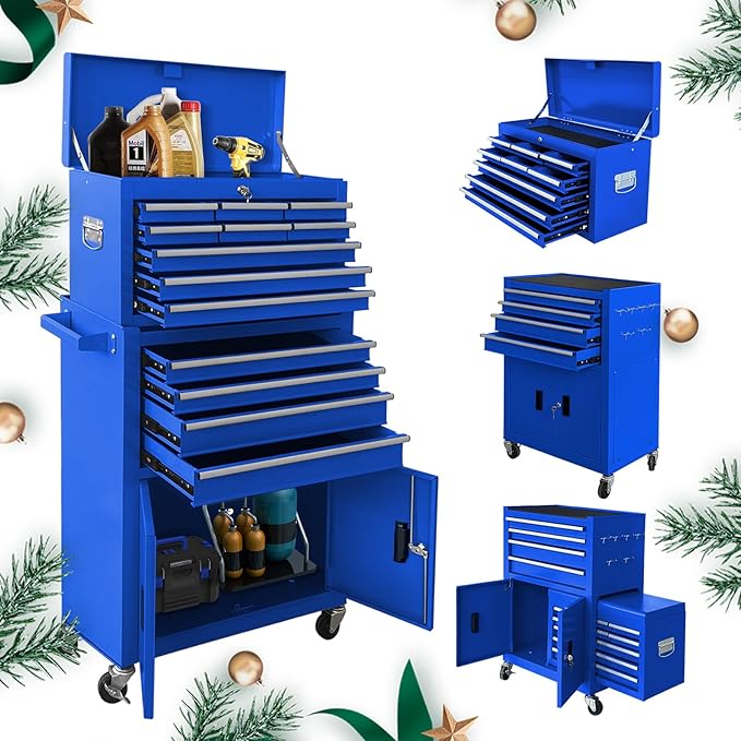 13-Drawer Rolling Tool Chest with Double Doors, 2 in 1 Detachable Rolling Tool Chest Combo, Mobile Tool Cabinet with Drawers, Metal Large Lockable Tool Box for Garage Workshop (Blue)