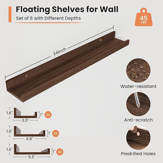 Fun Memories Picture Ledge Shelf, 24 Inch Long Floating Shelves Set of 6, Picture Shelf for Wall with Lip, Large Nursery Book Shelves for Storage, Wall Shelves for Living Room Bedroom Kitchen, Walnut