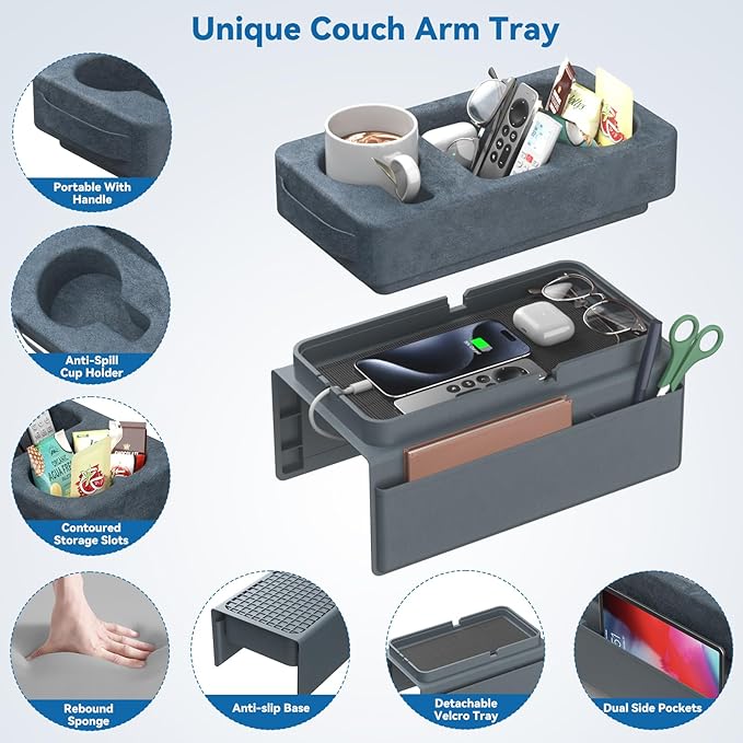 Couch Arm Tray Removable Armrest for Sofa Arm Tray Silicone Couch Cup Holder Tray Armchair Caddy Foam Couch Cup Holder Pillow Arm Chair Caddy for Recliner Sofa Drink Holder Spill Proof 3 Side Pockets