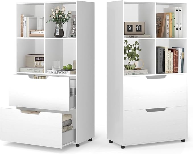 Giantex Bookshelf with 4 Cubes & 2 Drawers, 51” Tall Floor Bookcase with Anti-tip Kits, Freestanding Display Rack Storage Organizer for Study, Living Room, Home Office (White)