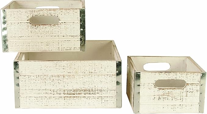 wald imports - Set of 3 Distressed White-Washed Wooden Crates for Storage - Decorative Wooden Crate Set for Home Decoration & Display - Vintage Storage for Household Goods