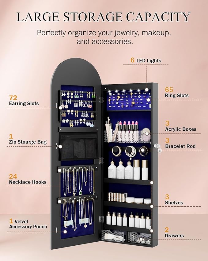 Jewelry Cabinet Organizer with Mirror, 47 inch Lockable Full-Length Mirror Jewelry Armoire Hanging Door/Wall Mounted with 6 LEDS, Arched Framed Mirror Cabinet with Storage, Gift for Women, Black