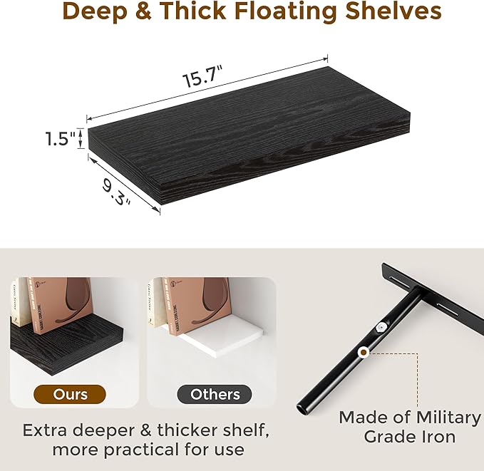 Black Floating Shelves for Wall, 16 Inch Wall-Mounted Bathroom Shelves Set of 2, Rustic Wood Floating Shelf for Kitchen|Bedroom, 9.3 Inch Deep Shelf Invisible Brackets for Books|Storage|Decor