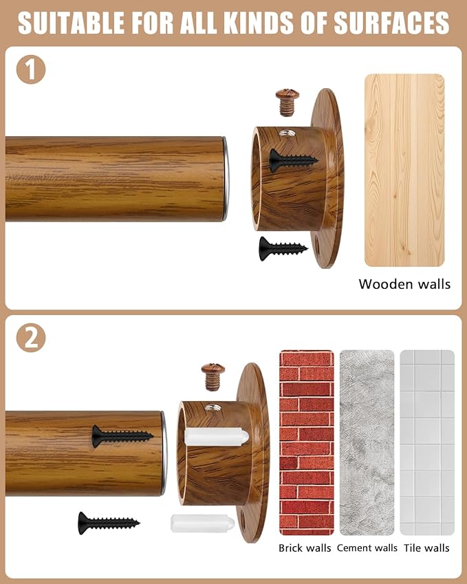 Closet Rods for Hanging Clothes, 17-52 Inch Heavy Duty and Stepless Adjustable Closet Poles, Stainless Steel Closet Hanging Rod for Wardrobes, Laundry Room, Bathroom, RV (Wood-Grain Finish)