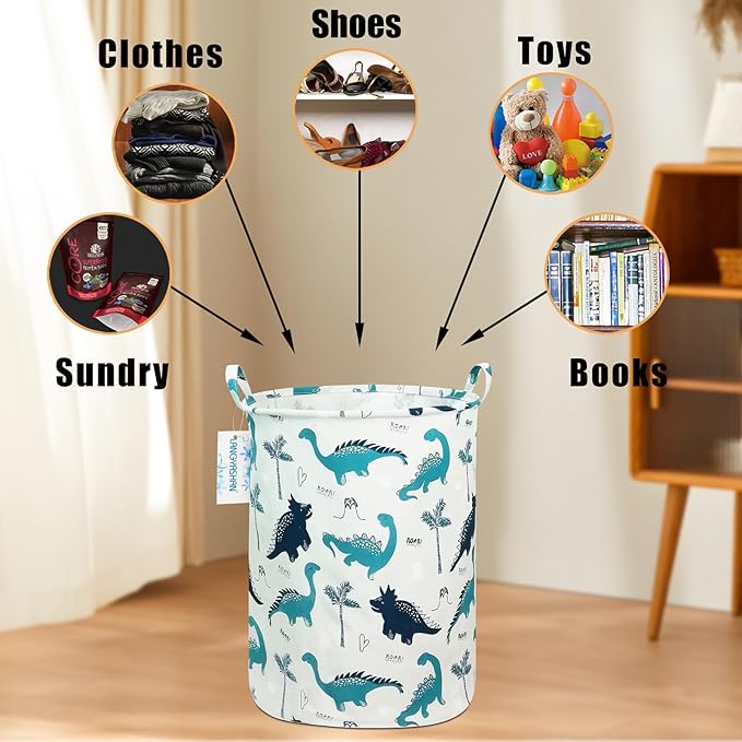 LANGYASHAN Laundry Basket Canvas Fabric Collapsible Organizer Basket for Storage Bin Toy Bins Gift Baskets Bedroom Clothes Children Nursery Hamper (Full dinosaur)