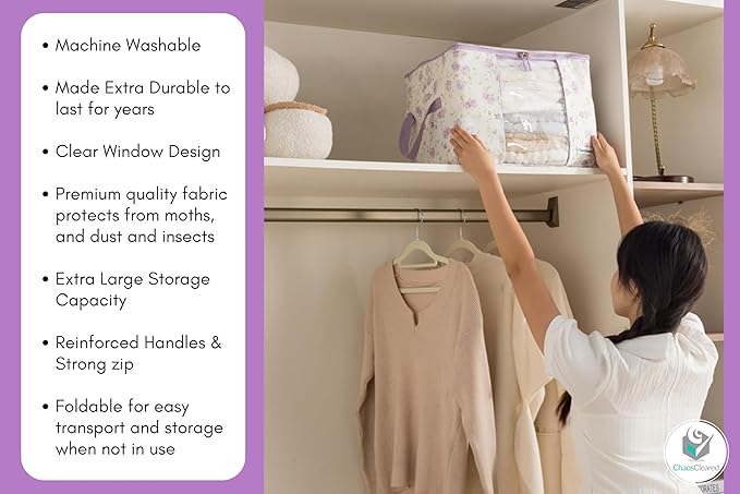 Designer Canvas Clothing Storage Bags 2 Pack Purple Floral Clothes Organizer bags for sweaters, clothing, garments, quilt, linens, large folding organizers with zip & window, moth proof space saver
