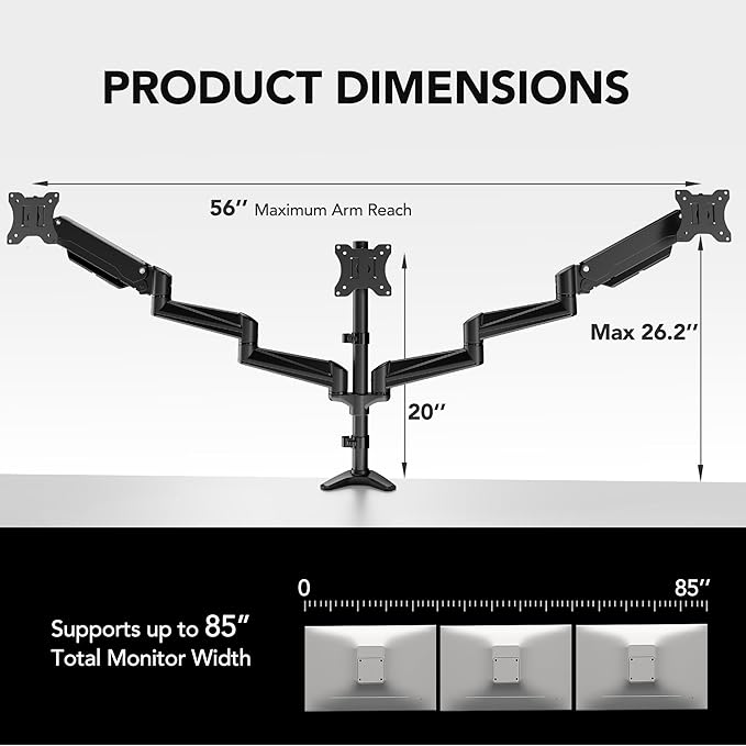 HUANUO Triple Monitor Mount for 17 to 32 inch Screens, Adjustment Triple Monitor Stand with Swivel, Tilt, Rotation, Clamp & Grommet Kit