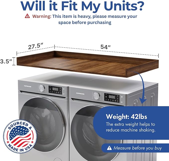 OfficeSimpli Washer Dryer Countertop, Made in USA, Non-Slip Pads, Laundry Room Wood Topper, Washer Dryer Cover for Top, Laundry Guard, Laundry Countertop (California Walnut, Standard (27.5" x 54"))